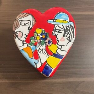 La Musa Italy Heart Trinket Box Hand Painted Couple Flowers Red Ceramic